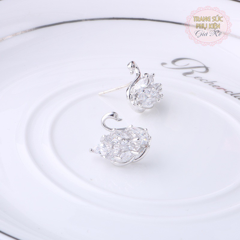 Bông tai thời trang HT168 hình thiên nga, đá sáng bạc Ý S925