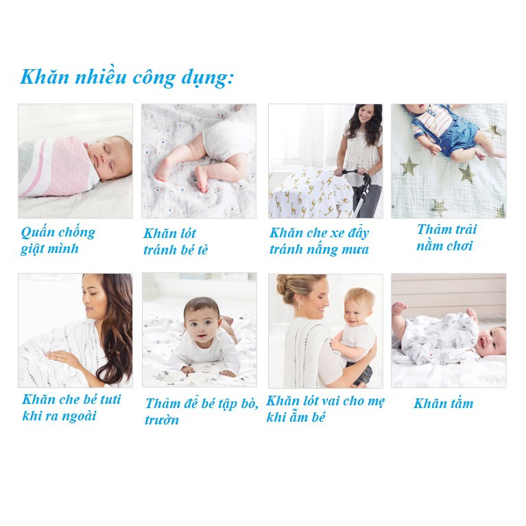 120x120cm - Khăn xô tắm , quấn bé sợi cotton Muslin Swaddle - Organic