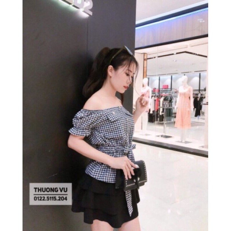 Áo kiểu kẻ caro tay phồng cột eo