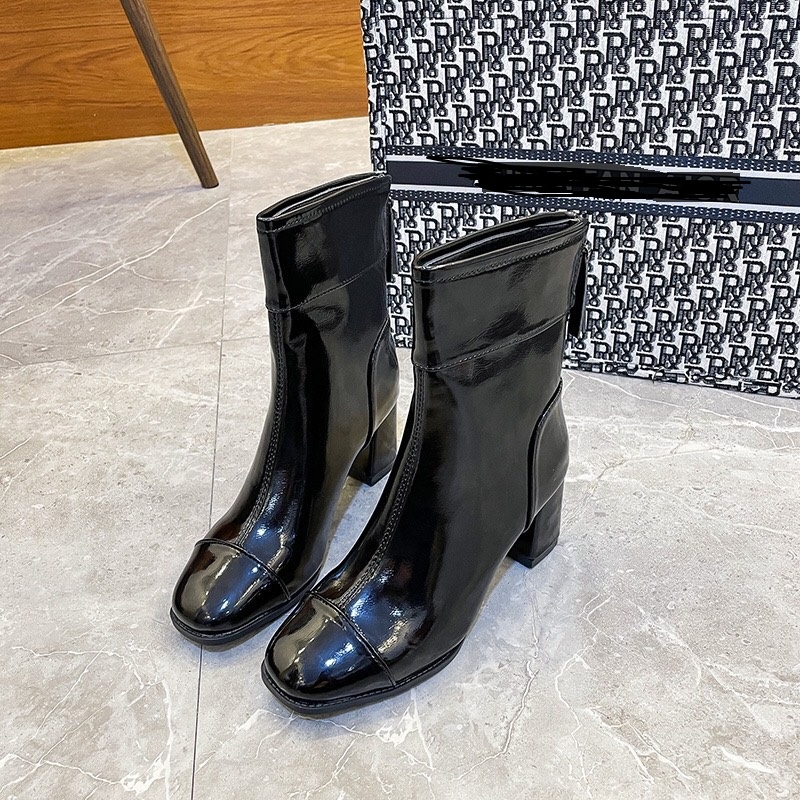 Boot Nữ Cổ Cao Da Bóng Loại Đẹp Bốt Nữ Cổ Đáp Gót Vuông Khóa Sau Hộp Vàng 9722
