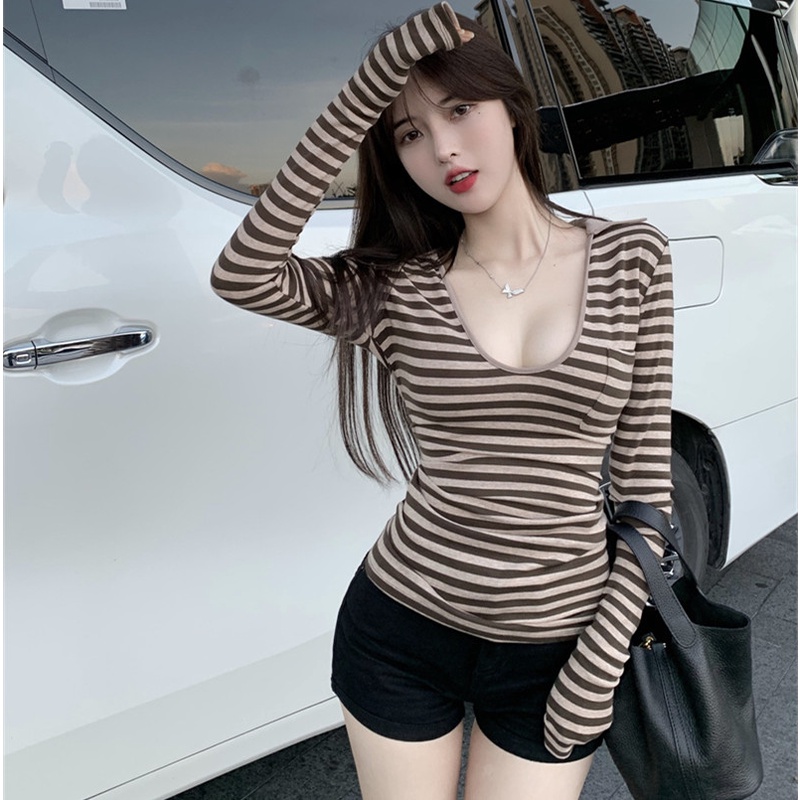 Áo Kiểu Tay Dài Cổ Chữ V Họa Tiết Kẻ Sọc Thời Trang Mùa Đông Xinh Xắn Cho Nữ