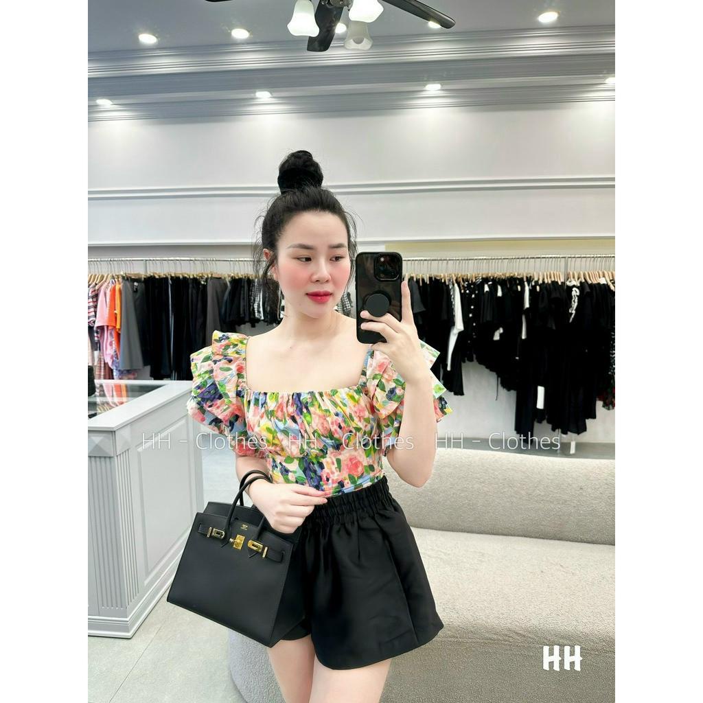 Áo trễ vai hoa nhí nữ croptop tay bồng viền bèo tầng dáng ngắn đi biển ulzzang Hàn Quốc
