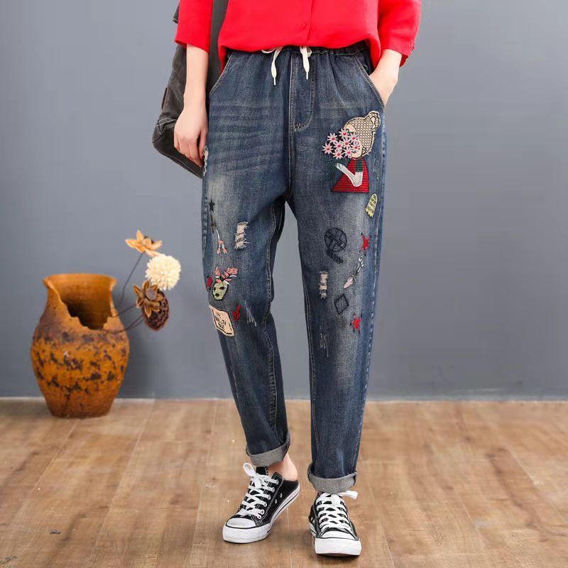 Quần Jeans Lưng Cao Ống Rộng Thêu Họa Tiết Thời Trang Mẫu Mới Cho Nữ