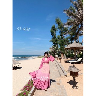 Set đầm maxi hồng chuyển màu nối tầng 🍎 đầm loang màu đi chơi, đi biển, chụp ảnh