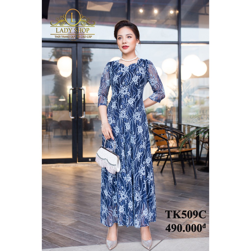 Thời trang trung niên - Đầm quý bà cao cấp - Ladyshop - Đầm maxi ren hoa cổ hoa TK509