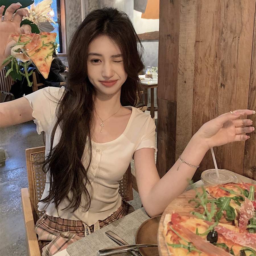 Áo thun ZHELIHANGFEI dệt kim ngắn tay phối hàng nút đơn thời trang dành cho nữ