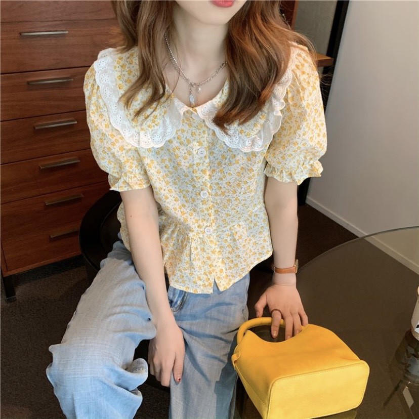 Áo hoa nhí baby doll cổ sen bèo viền ren  Ulzzang style  Hàng quảng Châu