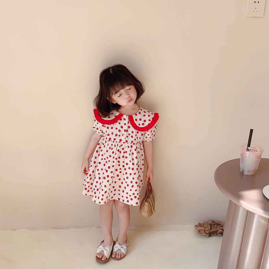 Váy trẻ em gái 2021 Quần áo trẻ em mùa hè mới phiên bản Hàn Quốc Váy chấm sóng với ve áo lớn màu đỏ Váy bình dị