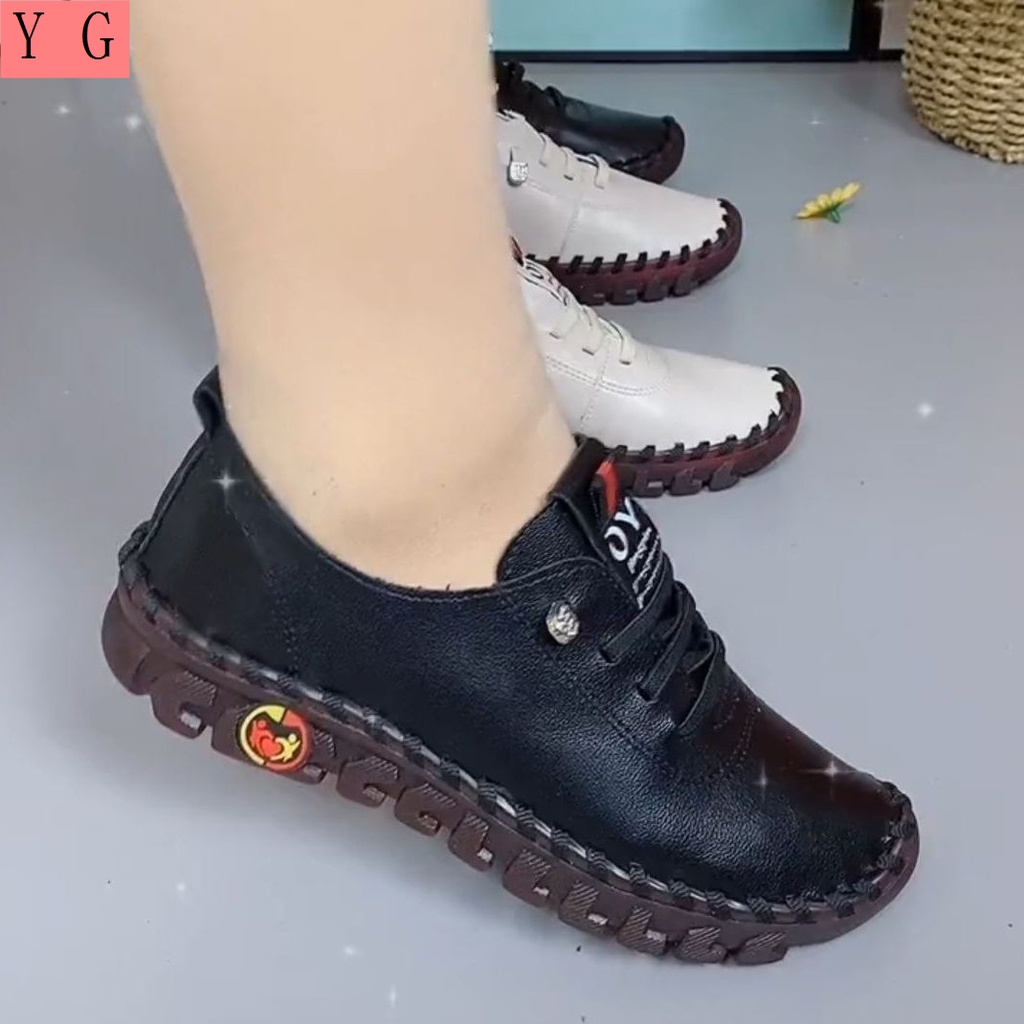 Giày Da Thật Đế Mềm Buộc Dây Bản Rộng Thoải Mái Cho Nữ Trung Niên