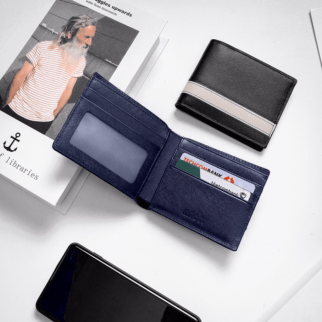 Bóp Nam AROTI Nhỏ Gọn Chất Da Bò Saffiano Cao Cấp,Chỉ Khâu Chắc Chắn , Bảo Hành 10 Năm Ví Có Màu Xanh,Đen  V803-DUNG-DEN