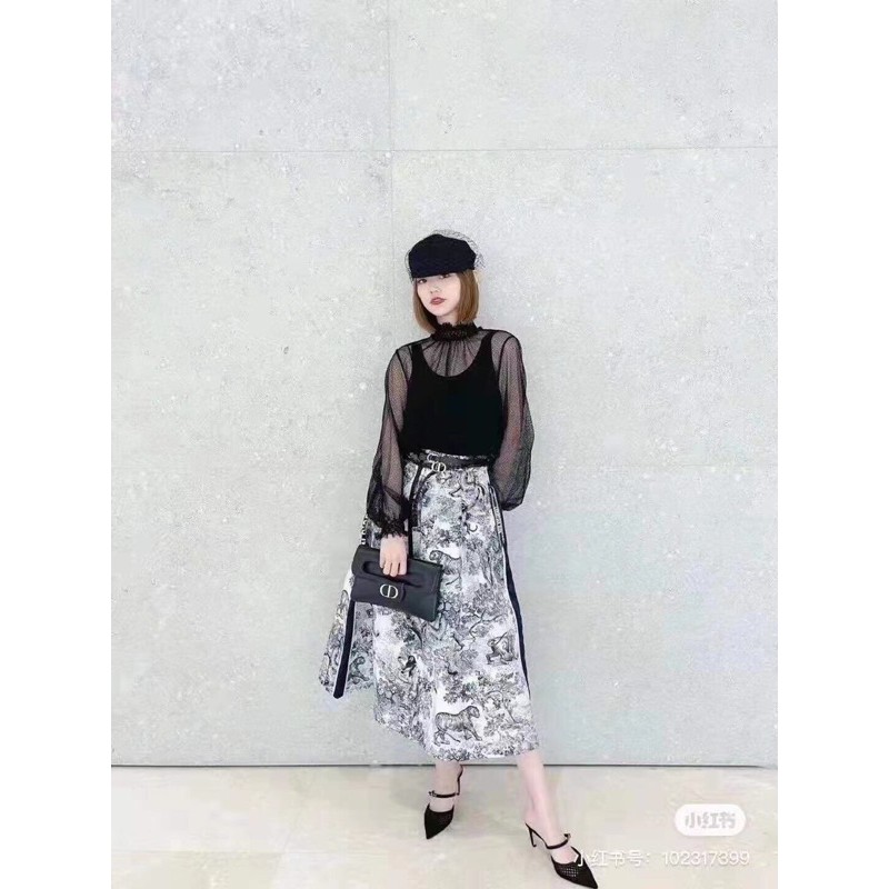 Chân váy xoè nữ dáng dài in hoạ tiết dior CD