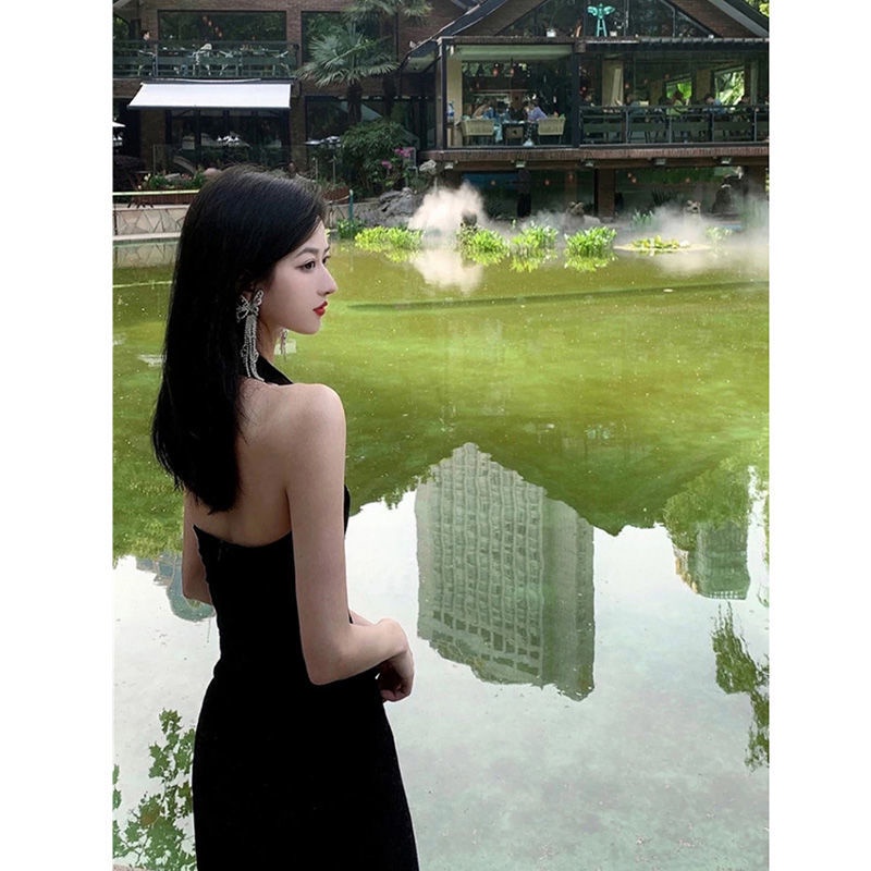 UIOWOO  Đầm Hai Dây Màu Đen Phong Cách Hepburn Sang Trọng Thời Trang Mùa Hè Cho Nữ