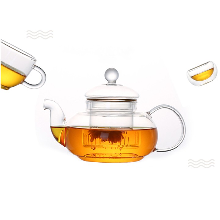 Bộ Ấm trà thủy tinh 6 chén chịu nhiệt dung tích 600ml kèm đế nến đun trà Bình trà thủy tinh tiệc trà đun nóng