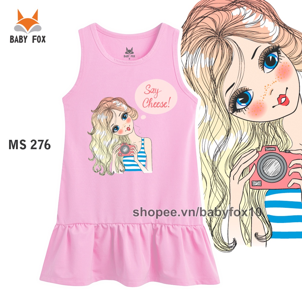 Đầm bé gái 100% cotton loại tốt, thương hiệu BABY FOX, in hình bé gái, size nhỏ, trung, đại b