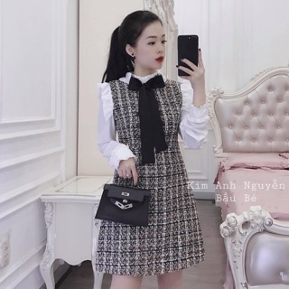 Váy dạ phối sơ mi ở tay kèm thắt nơ cổ chất dạ siêu đẹp