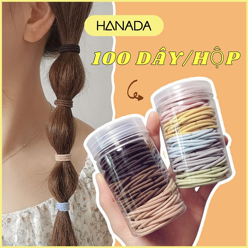 Hộp 100 Dây Thun Cột Tóc Sợi Dai Co Dãn Cột Không Đau Nhiều Màu Sắc Có Kèm Hộp Hanada K12-T014