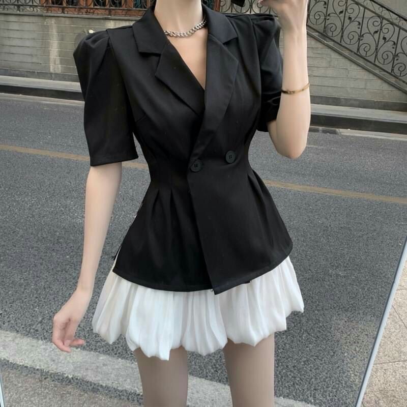 Set Áo Vest Cổ V Mix Chân Váy Xoè Phồng Đen Trắng