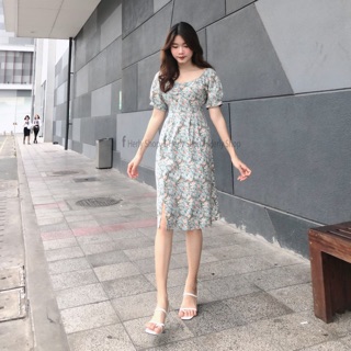 Đầm midi tay phồng xẻ tà