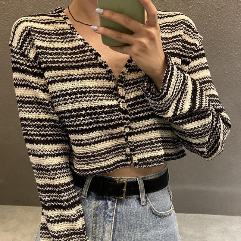 Áo cardigan ZHELIHANGFEI dệt kim tay dài cổ chữ V họa tiết kẻ sọc