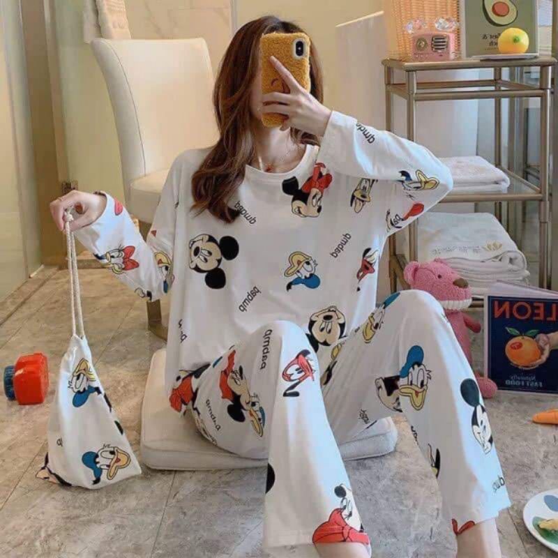 Set bộ áo tay dài quần dài ấm áp những ngày se lạnh cuối năm chất thun conton in hình thú dễ thương có co giãn thoải mái