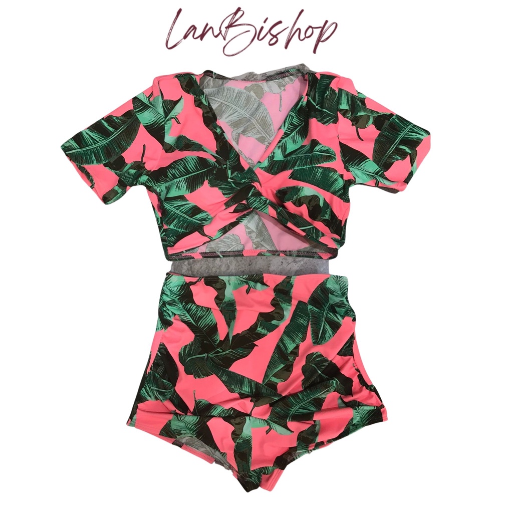 Đồ Bơi Nữ Bikini LANBISHOP 2 Mảnh Quần Đùi Cạp Cao Aó Crop Xoắn Ngực LANBI-005