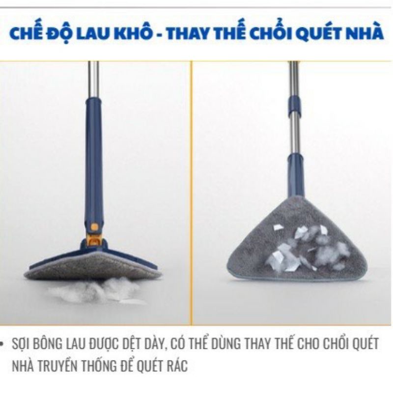 Cây Chổi Lau Sàn Nhà - Trần Nhà - Lau Kính Hình Tam Giác Đa Năng Tự Vắt Xoay 360 Độ Thông Minh