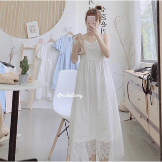 Váy 2 dây maxi ren trắng (Ảnh thật)