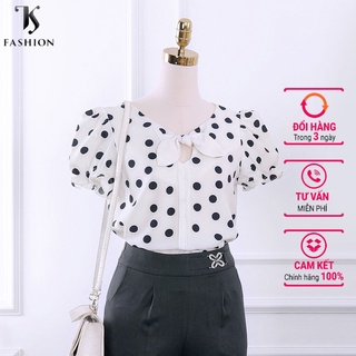 Áo sơ mi kiểu nữ thanh lịch, cổ tròn đính nơ, tay phồng, điểm ren dọc thân áo, hàng thiết kế cao cấp TK Fashion - SMK795