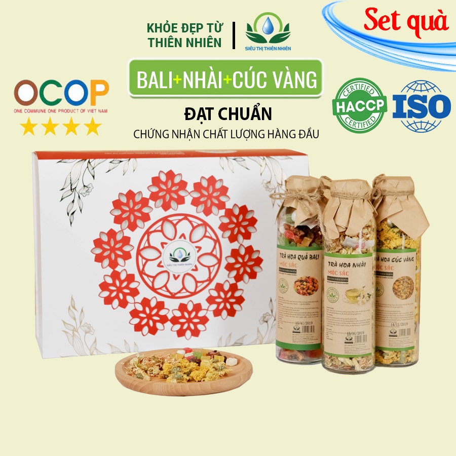 Set quà 3: trà hoa cúc vàng, hoa quả Bali, hoa nhài Mộc Sắc, hộp quà biết tặng cao cấp