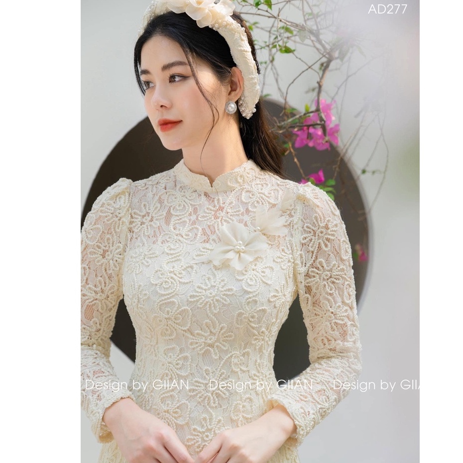Áo Dài Ren Sừng 4 Tà Cao Cấp , Áo Dài Truyền Thống Vai Bồng May Sẵn