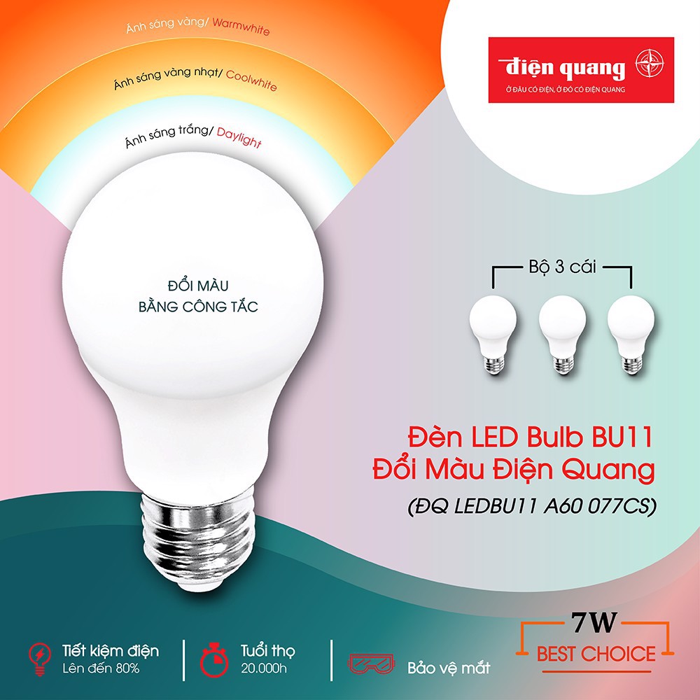 Bóng Đèn Led Bulb đổi 3 màu ( 3 in 1 ) 7W /5W Điện Quang ĐQ LEDBU11A60 077CS ( 7W,5W  đổi màu bằng công tắc )
