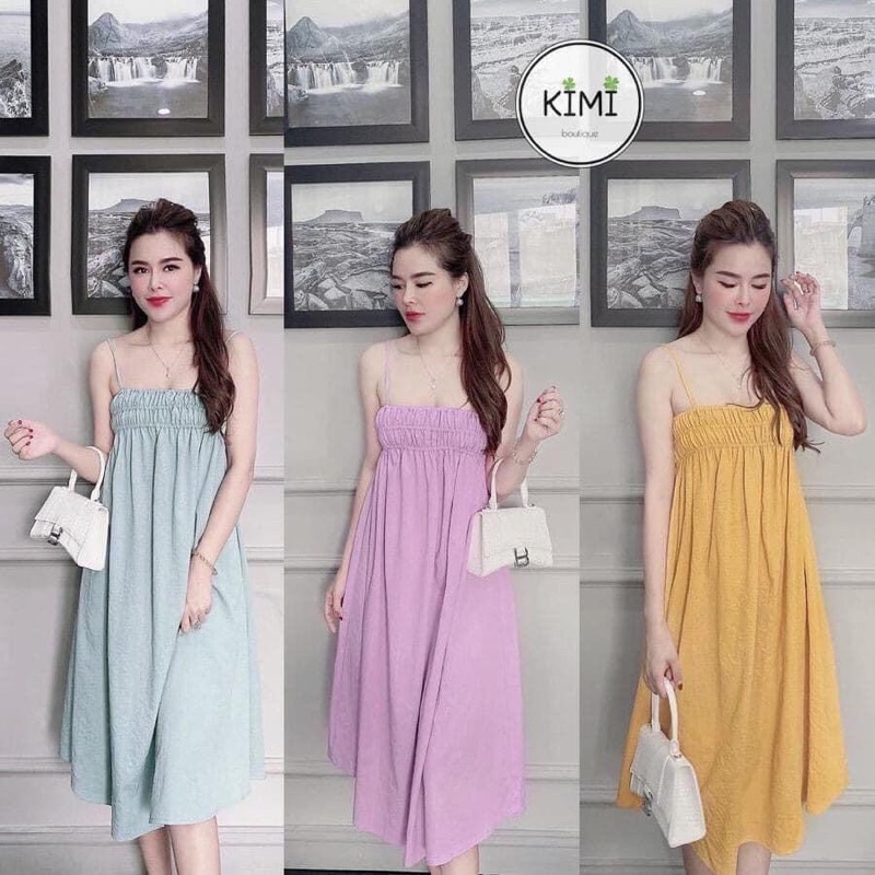Đầm 2dây maxi-Váy đũi xước chun ngực dáng dài 3 màu vàng-tím-xanh