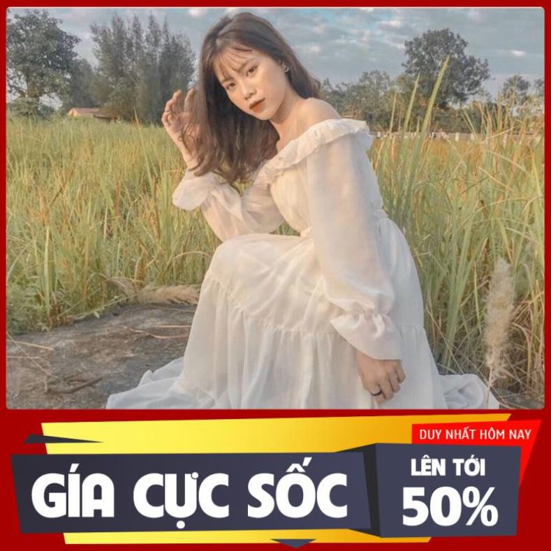 Đầm maxi, váy trắng nữ dài tay dự tiệc,kiểu trễ vai Hàn Quốc Xinh ĐẸP HD1