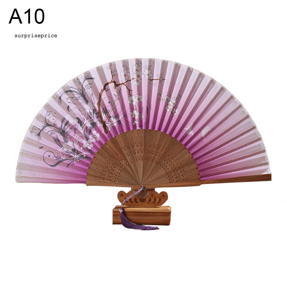 Quạt xếp cầm tay bằng tre với họa tiết hoa anh đào phong cách vintage