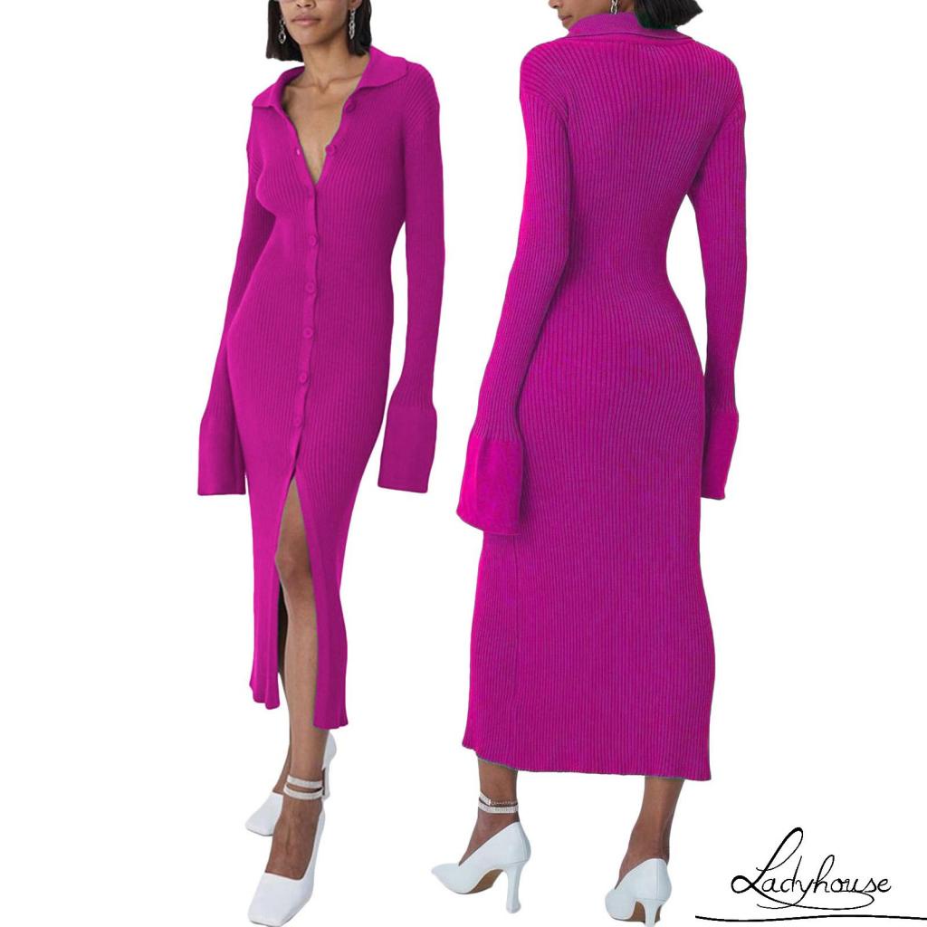 Ld-đầm Cổ Bẻ Một Mảnh Tay Dài Màu Trơn Thời Trang Xuân Thu Dành Cho Nữ Size S/M/L