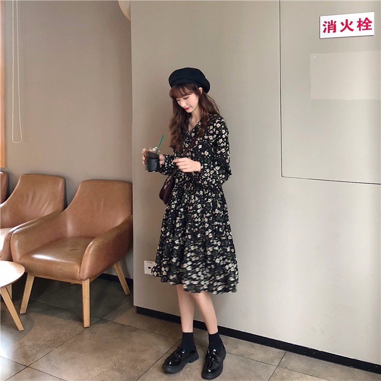 Xiaozhainv Váy tay dài cổ chữ V họa tiết hoa thời trang phong cách Hàn Quốc cho nữ | BigBuy360 - bigbuy360.vn