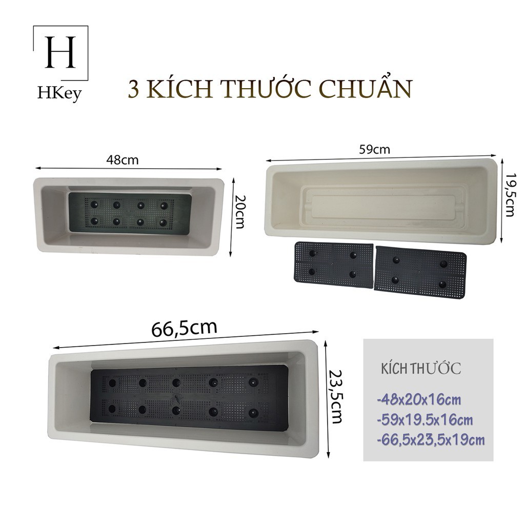 Chậu nhựa thông minh trồng rau trồng hoa, hình chữ nhật, giá treo chậu kích thước 48x20x16cm và 67x24x16