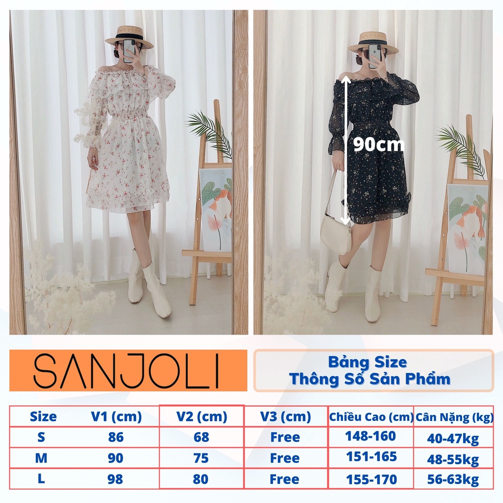 Váy Hoa Nhí SANJOLI Đầm Tết Voan Trễ Vai Tiểu Thư Dài Tay Phồng Vintage Bigsize Phù Hợp Đi Dự Tiệc Đi Chơi VDE08