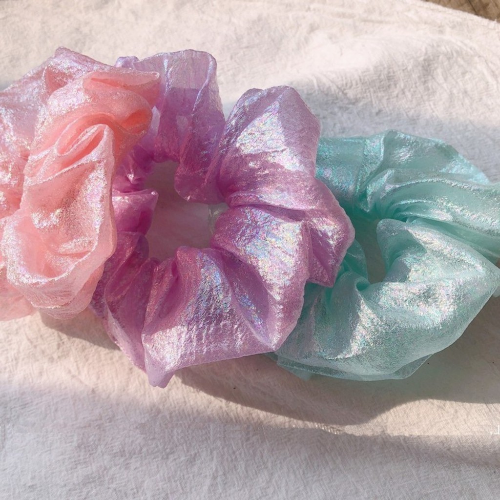 Scrunchies Dây Cột Tóc Vải Chất Giả Xà Cừ Nhám Ánh Hologram 2in1 Vòng Đeo Tay