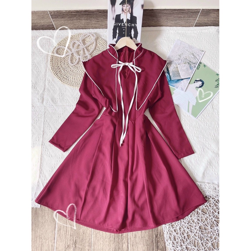 Đầm đỏ nơ cổ chất lụa dày mịn freesize STT1 MS58