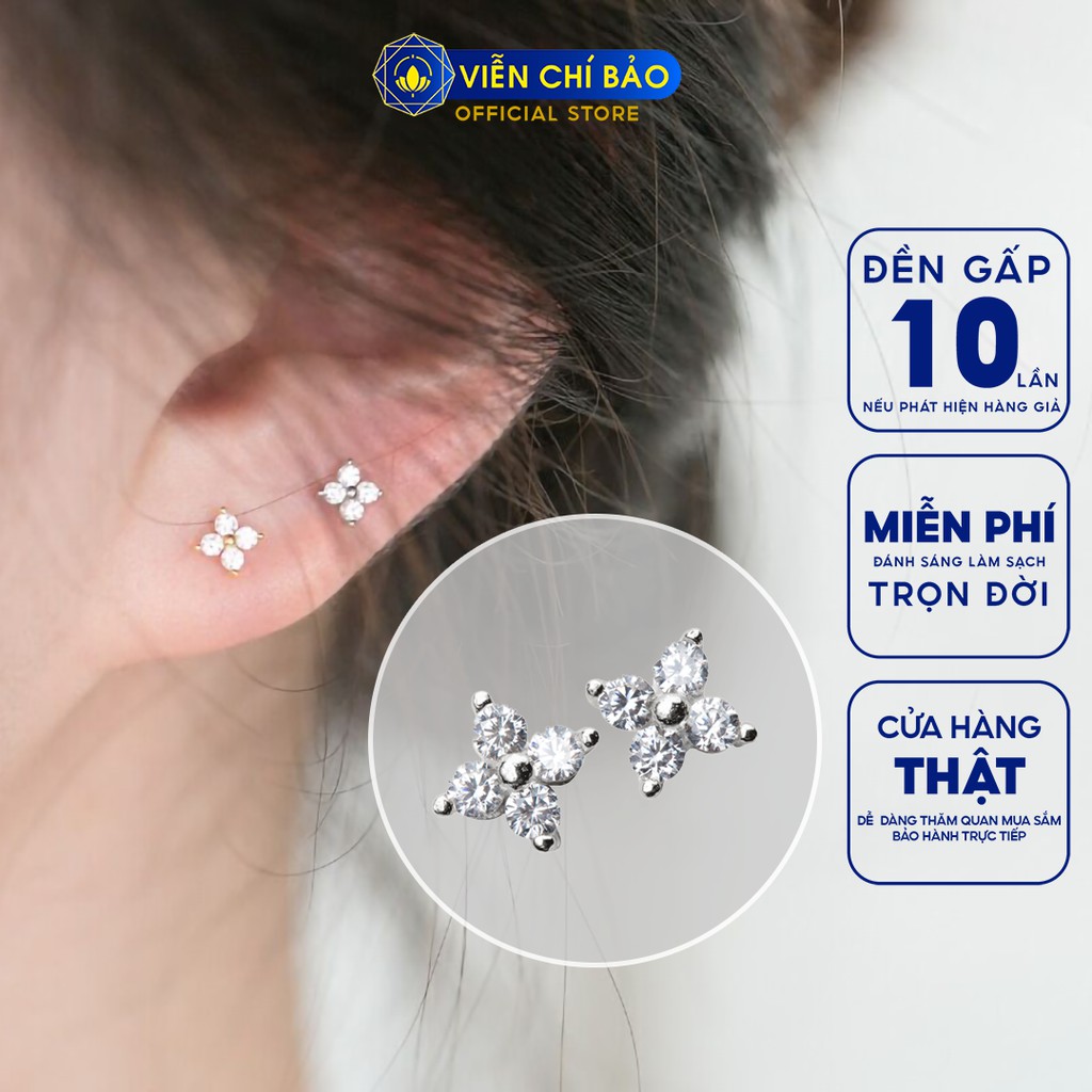 Bông tai bạc nữ hoa bốn cánh đính đá chất liệu bạc 925 thời trang phụ kiện trang sức nữ Viễn Chí Bảo B400151