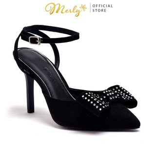 Giày xăng đan cao gót merly 1365 đen, giày nơ đính đá, giày slingback