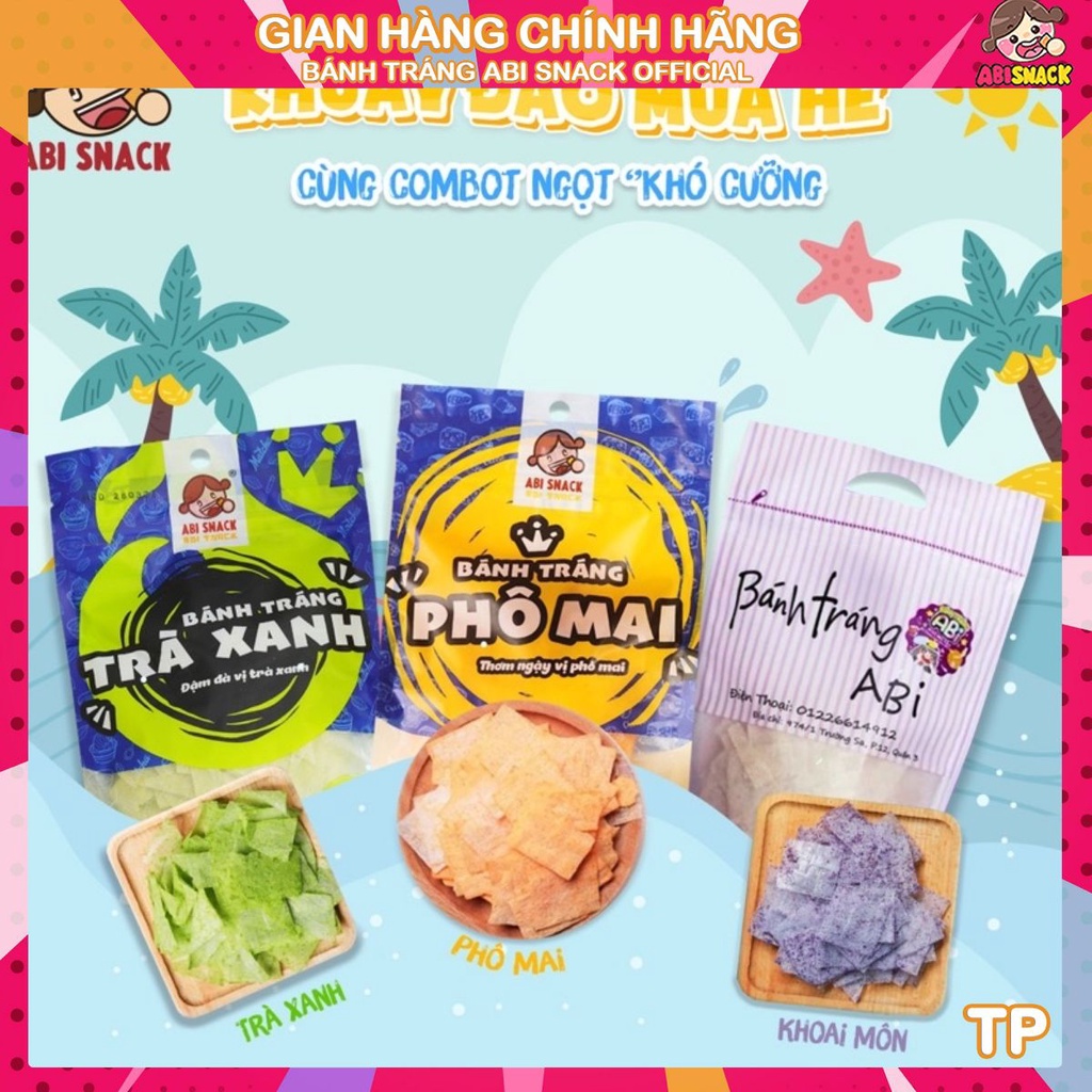 Combo Ngọt 3 bịch bánh tráng Abi (1 Phô Mai 1 Trà Xanh 1 Khoai Môn ) Ăn Chay Được