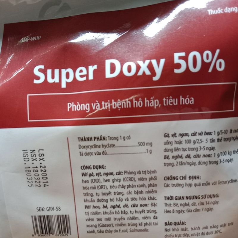 doxy 50%, doxy 500, doxycycline cho heo lợn gà vịt ngan dê thỏ ho hen viên phôi, tiêu cháy, cozya, tụ huet trug, 100g