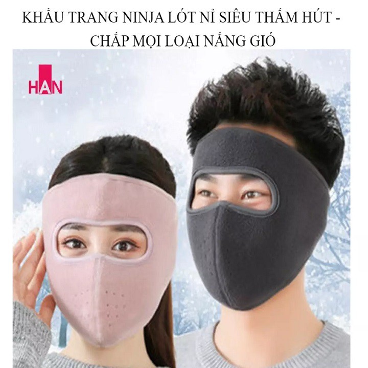 Khẩu trang ninja lót nỉ nam nữ có lỗ thông hơi thoáng khí
