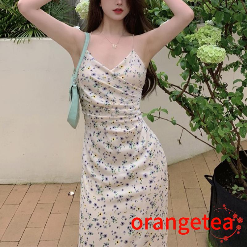 ORT-Female Dress, Floral Print V-Neck Sleeveless Spaghetti Strap Ruched One-Piece Summer Outfit, S/M/L