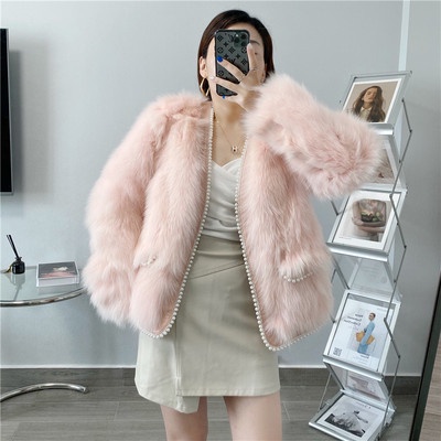 CHANEL Áo khoác lông dáng ôm đính ngọc trai phối lông cáo thời trang Hàn Quốc cho nữ 2021