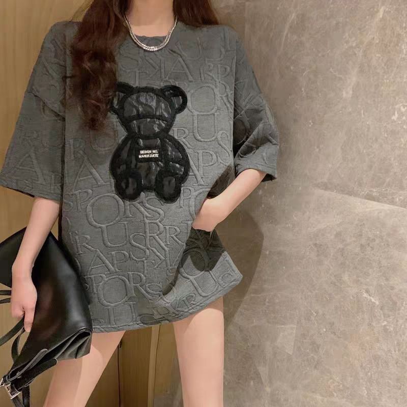 Áo thun nữ in hình Gấu Ngắn Tay, áo phông from rộng vải Cotton.