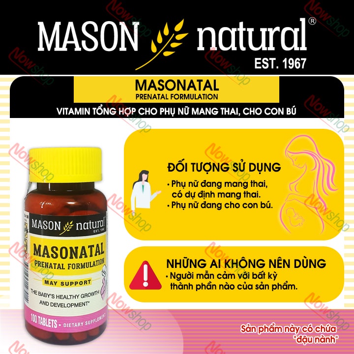 Viên uống bổ sung vitamin tổng hợp cho phụ nữ mang thai và cho con bú Mason Natural Masonatal Prenatal Formulation 100v