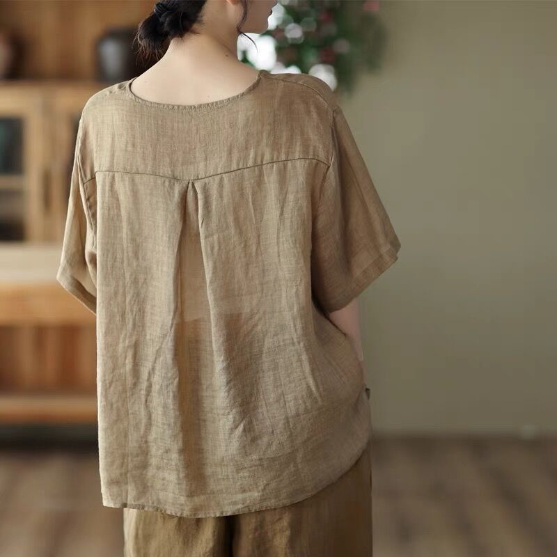 Áo Thun 55% Cotton Linen Mỏng Dáng Rộng Tay Cộc In Họa Tiết Cổ Điển Thoải Mái Mùa Hè Kiểu Dáng Mới Cho Nữ